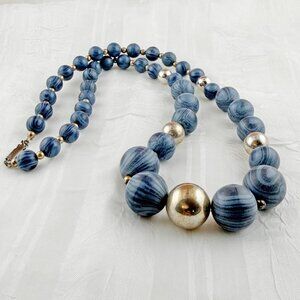 Vintage Blue Swirl Faux Wood Resin Beaded Necklace Mixed Metal Statement
